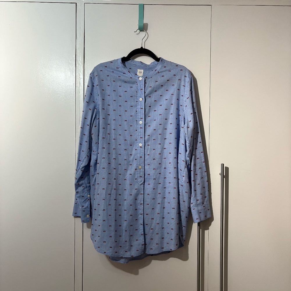 Gap Band Collar Button-Up Tunic Shirt Blue Red White Details XL